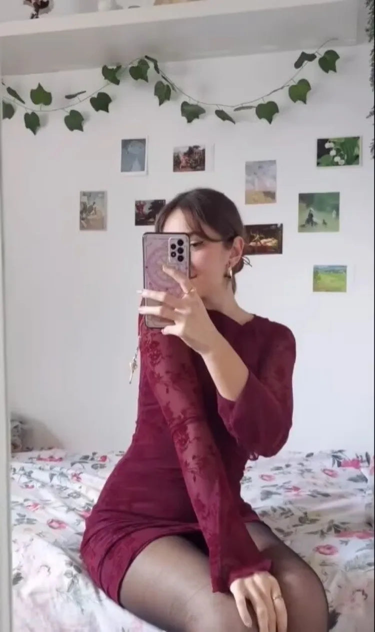 Floral Lace Mini Dress with Full Sleeves for Women - Image 13