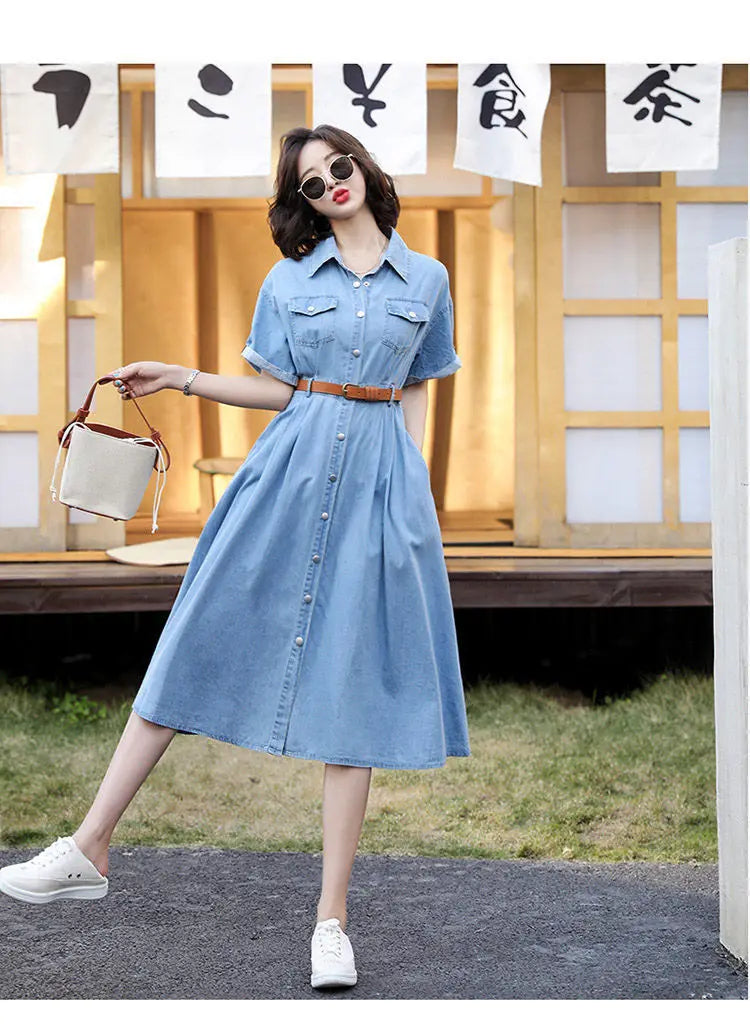Vintage A-Line Denim Dress for Women with Belt - Image 16