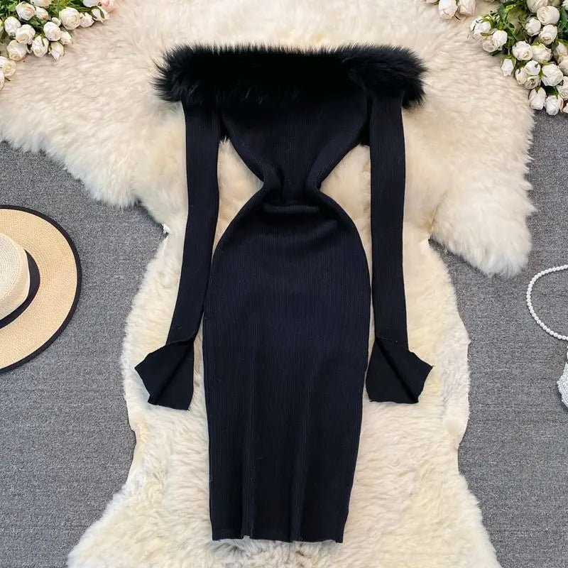 Trendy One-Shoulder Knit Dress with Hairy Collar - Image 3