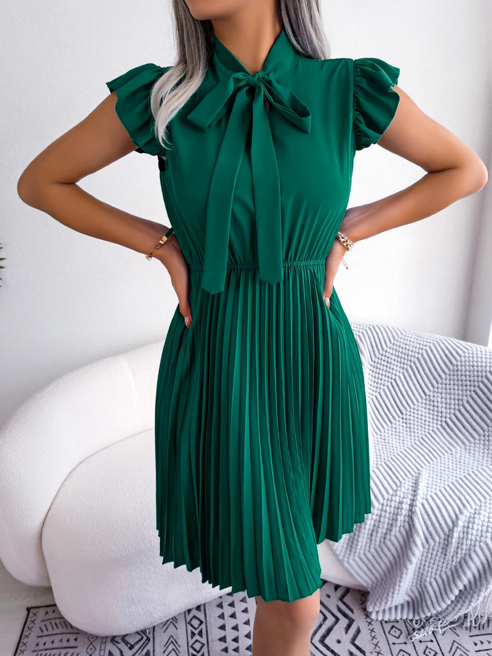 Elegant Summer Pleated Dress with Bow and Ruffles for Women - Image 29