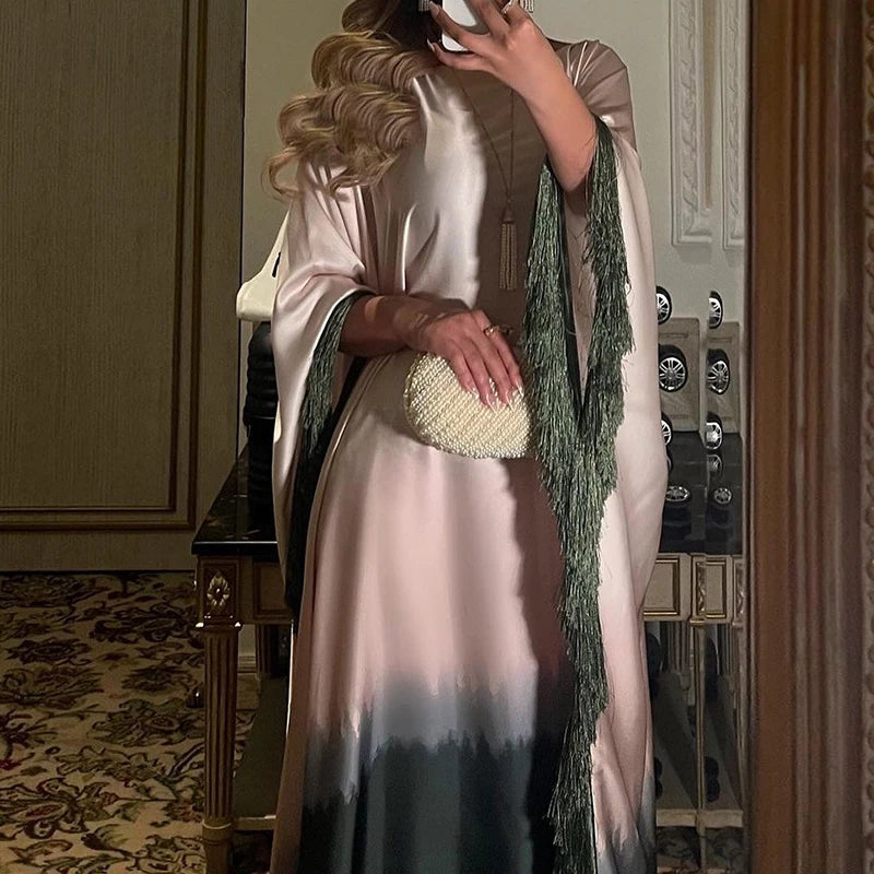 Elegant Gradient Print Tassel Batwing Sleeve Robe Dress - Image 4