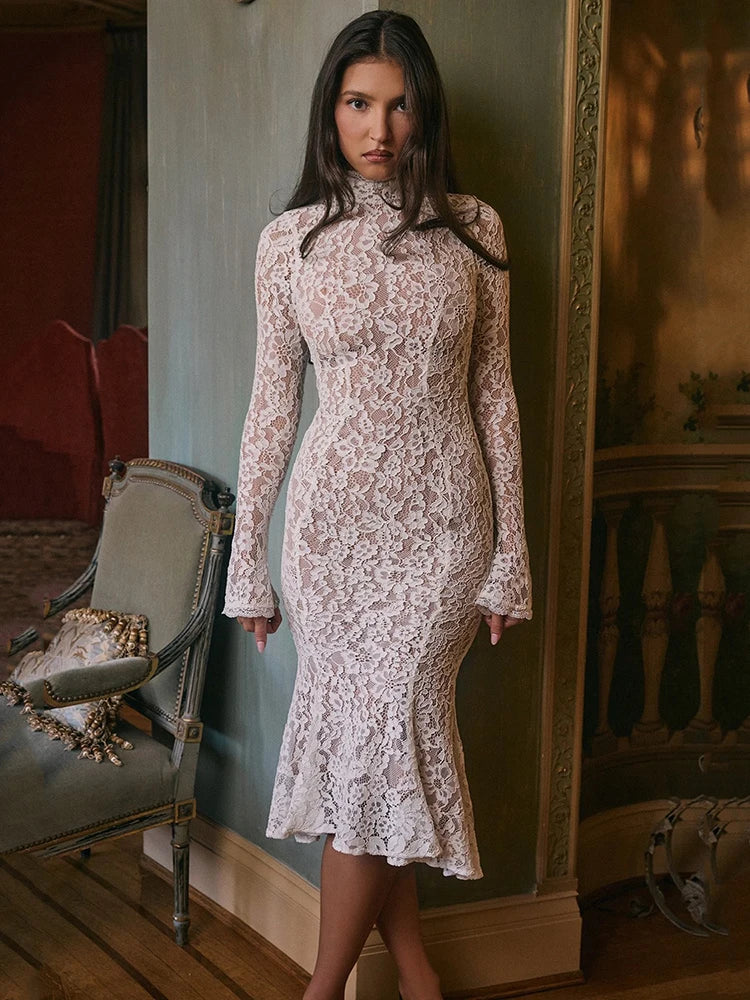 Elegant Lace Midi Dress with High Collar for Women - Image 7