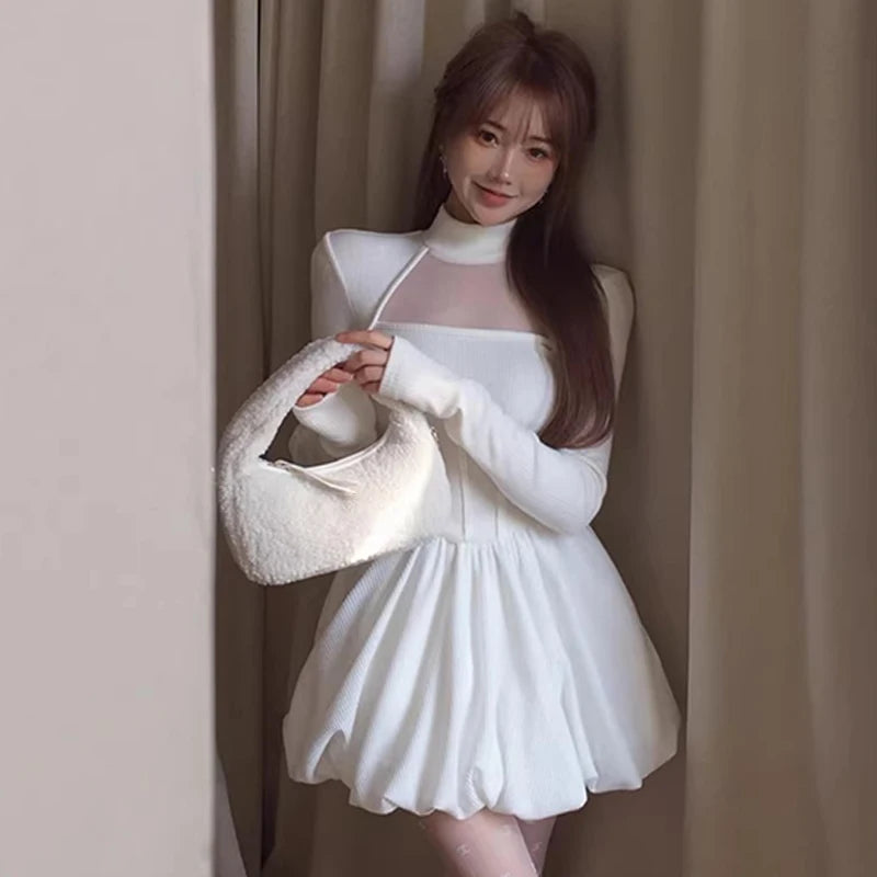 Chic Patchwork Solid Half High Collar Puffy Dress - Image 7