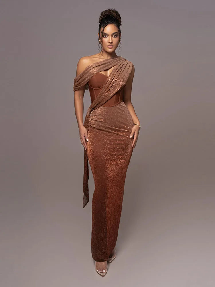 Elegant Brown Glitter One Shoulder Bodycon Maxi Dress