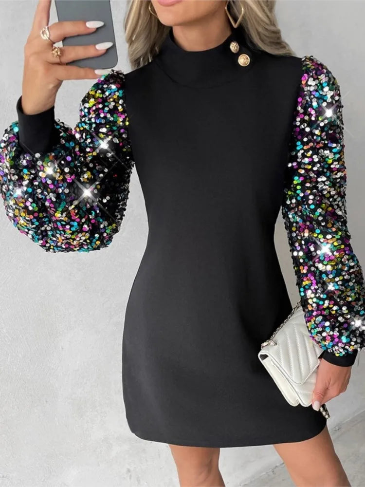 Lace Long Sleeve Round Neck Casual Office Dress - Image 3