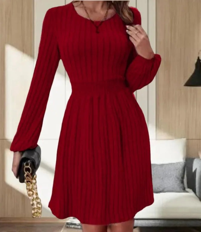 Stylish A-Line Dress with Lantern Cuffs and Round Neck - Image 11