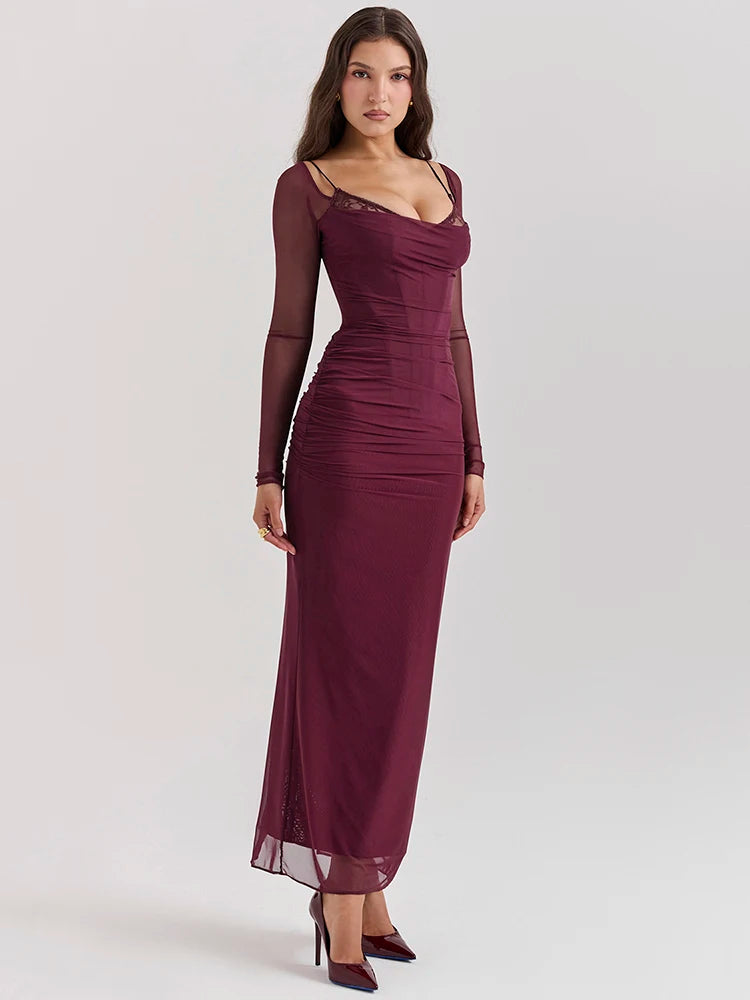 Elegant Sheer Long Sleeve Backless Maxi Dress for Women - Image 4