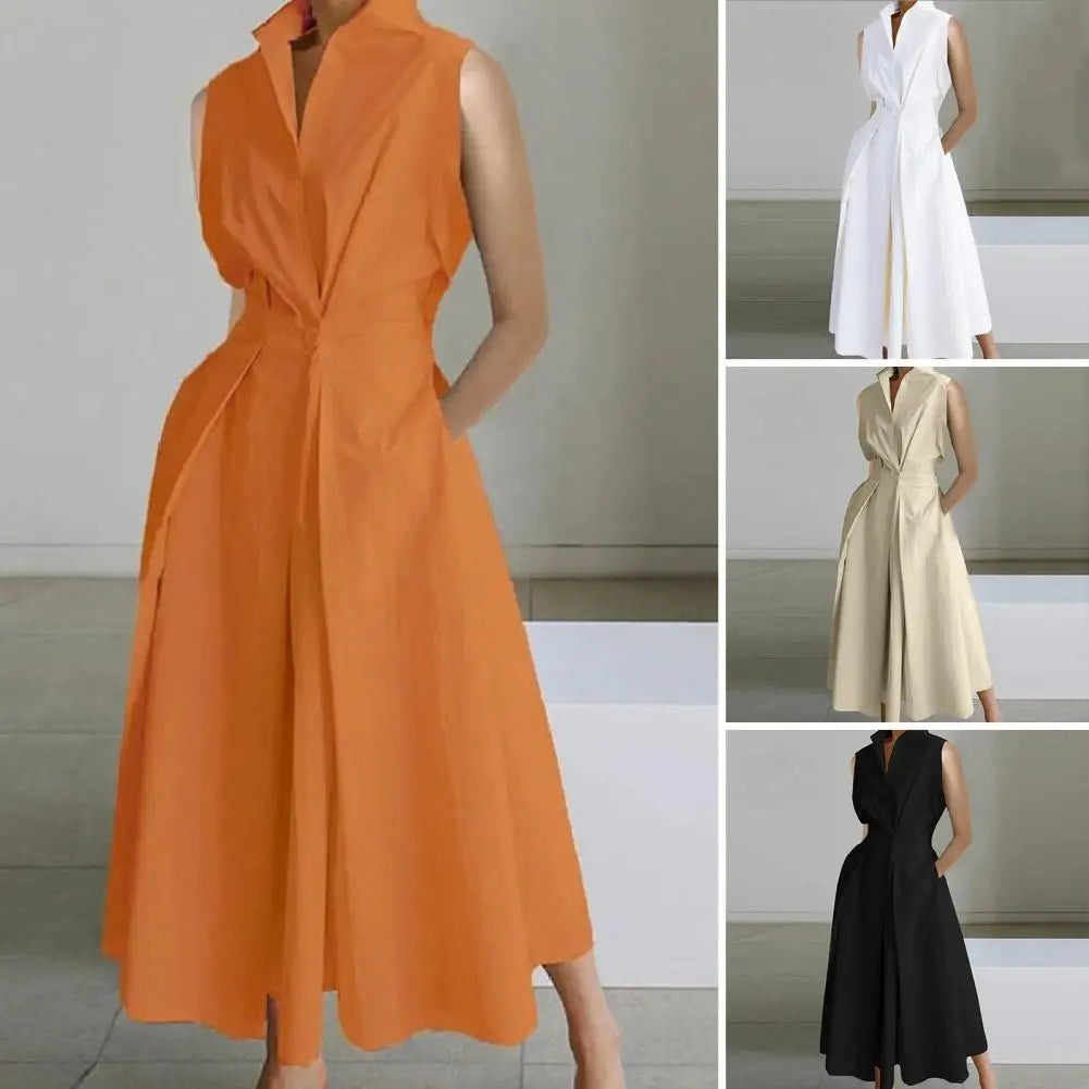 Elegant A-Line Midi Dress with Lapel Button Detail - Image 5