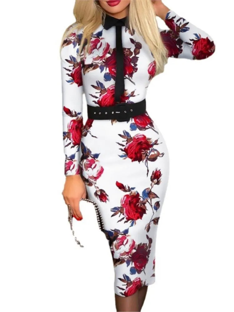 Chic Printed A-line Dress with Belt for Women - Image 8