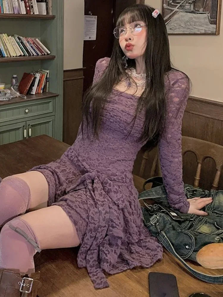 Square Collar Slim Waist Lace Casual Dress for Women