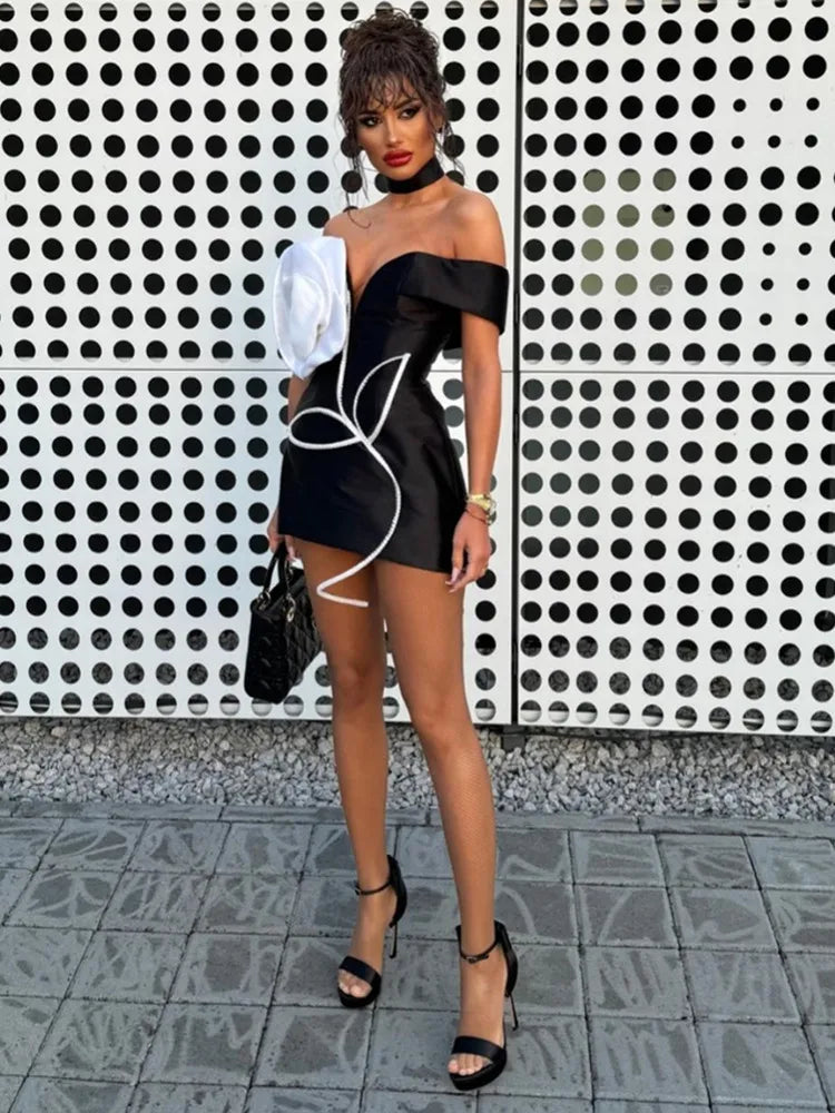 Elegant Off-Shoulder White Floral Black Mini Bodycon Dress - Image 5