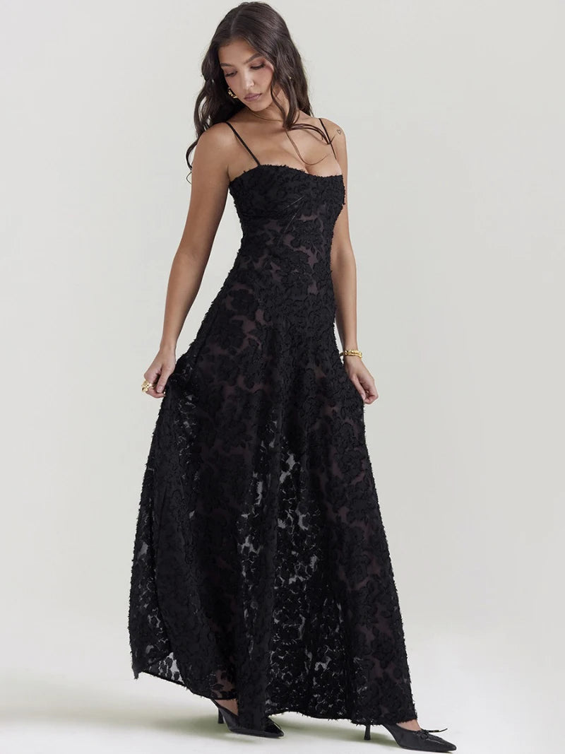Elegant Boho Sheer Lace Maxi Dress with Spaghetti Straps - Image 16