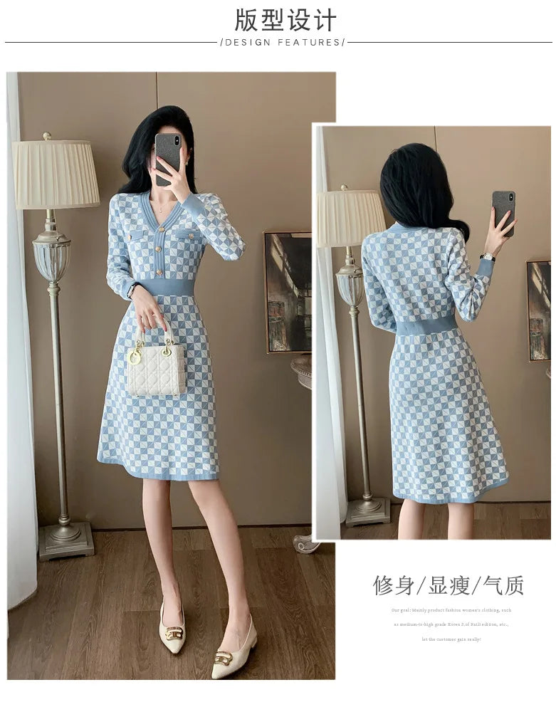 Elegant Blue Plaid Bodycon Dress with Metal Buttons - Image 10
