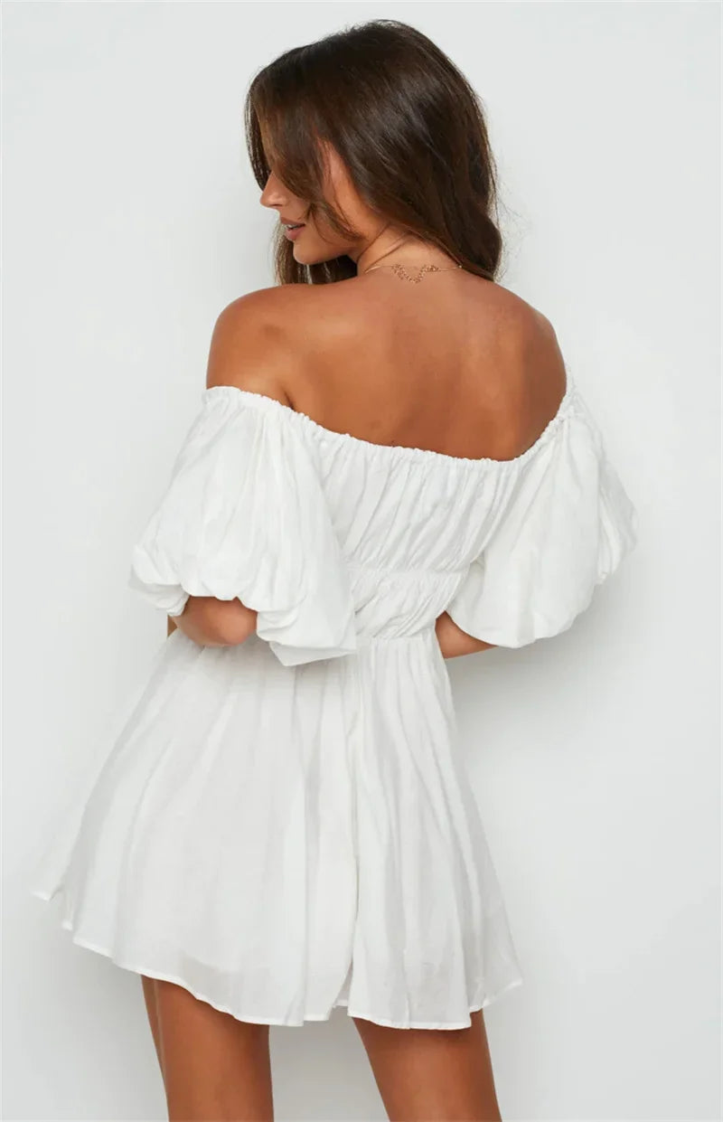 Elegant Off-Shoulder Puff Sleeve Summer Dress in Solid Colors - Image 19
