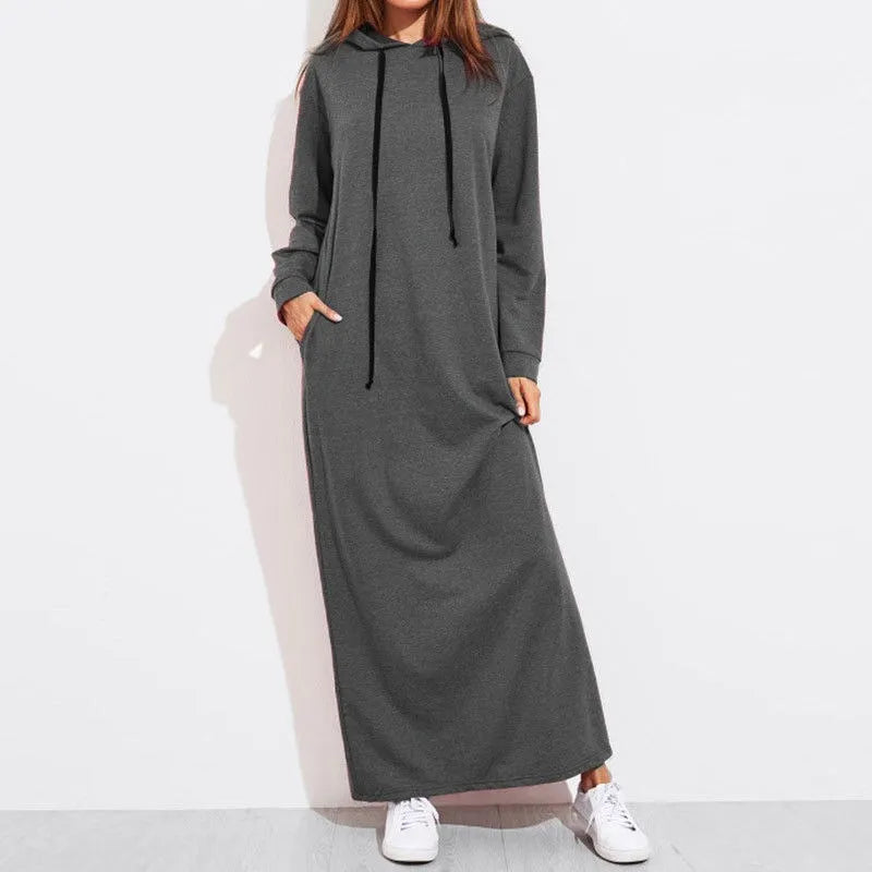 Elegant Black Long Sleeve Hooded Sweatshirt Dress for Women - Image 7