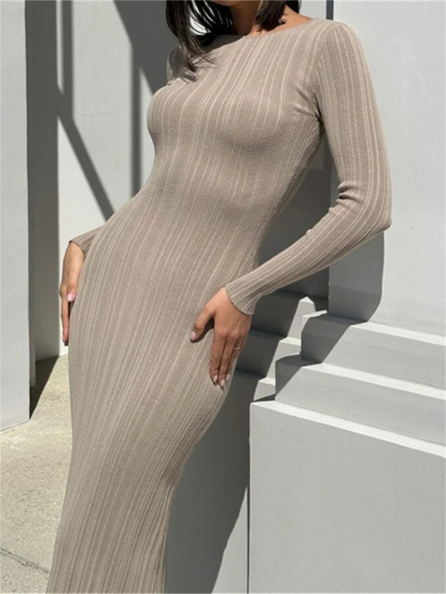 Casual Knit Ribbed Long Sleeve Bodycon Dress - Solid Color - Image 5