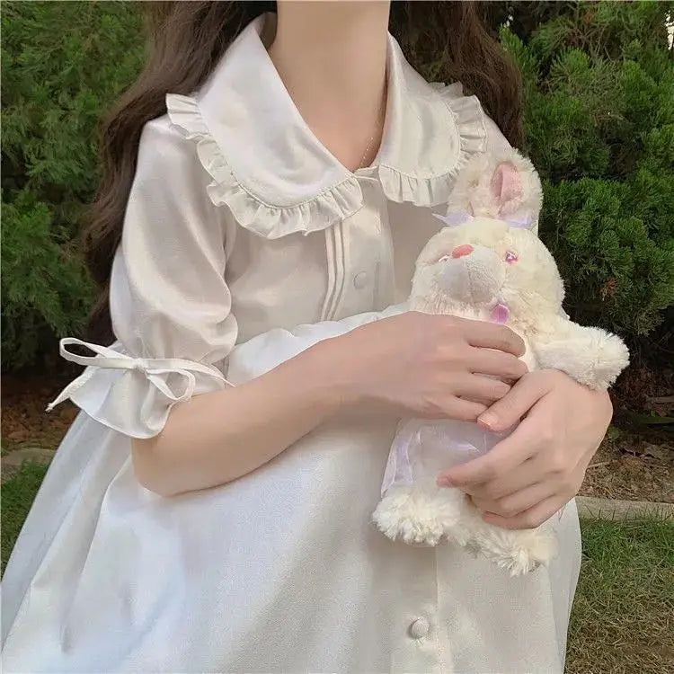 Women's Kawaii White Puff Sleeve Midi Dress - Image 13