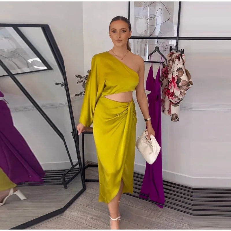 One Shoulder Asymmetrical Satin Long Dress for Women - Image 26
