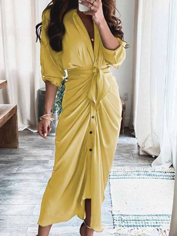 Elegant Summer Short Sleeve Ruched Shirt Dress for Women - Image 2