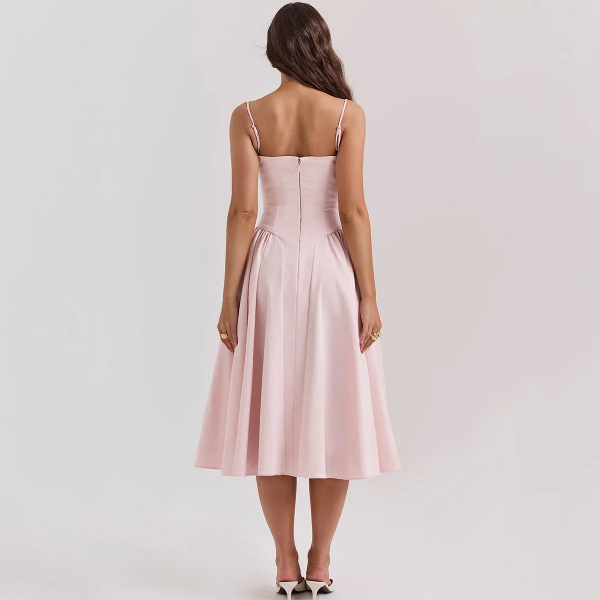 Elegant Pink Midi Dress with Spaghetti Straps for Women - Image 15