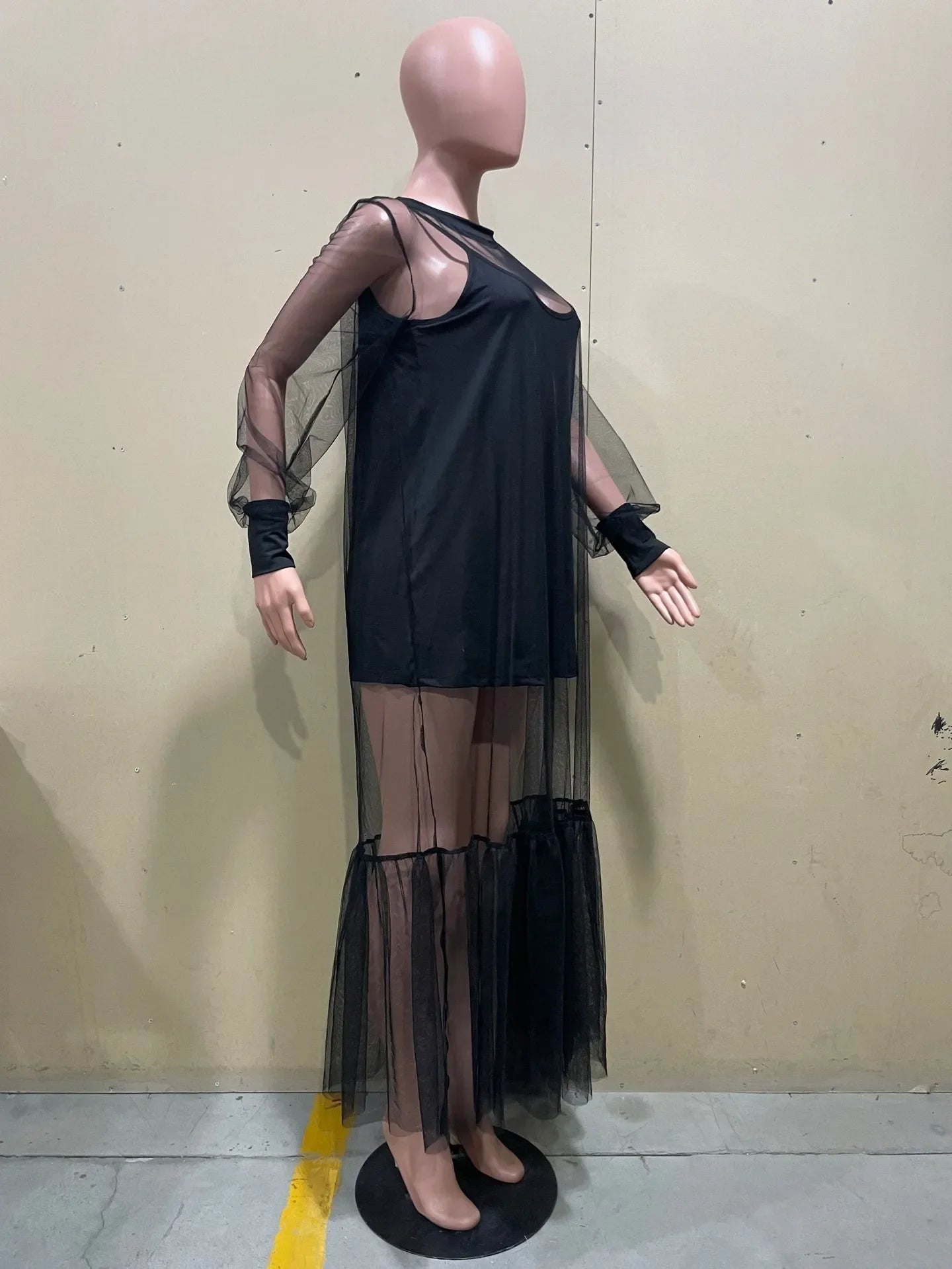 Elegant Black Mesh Ruffle Hem Long Sleeve Maxi Dress - Image 14