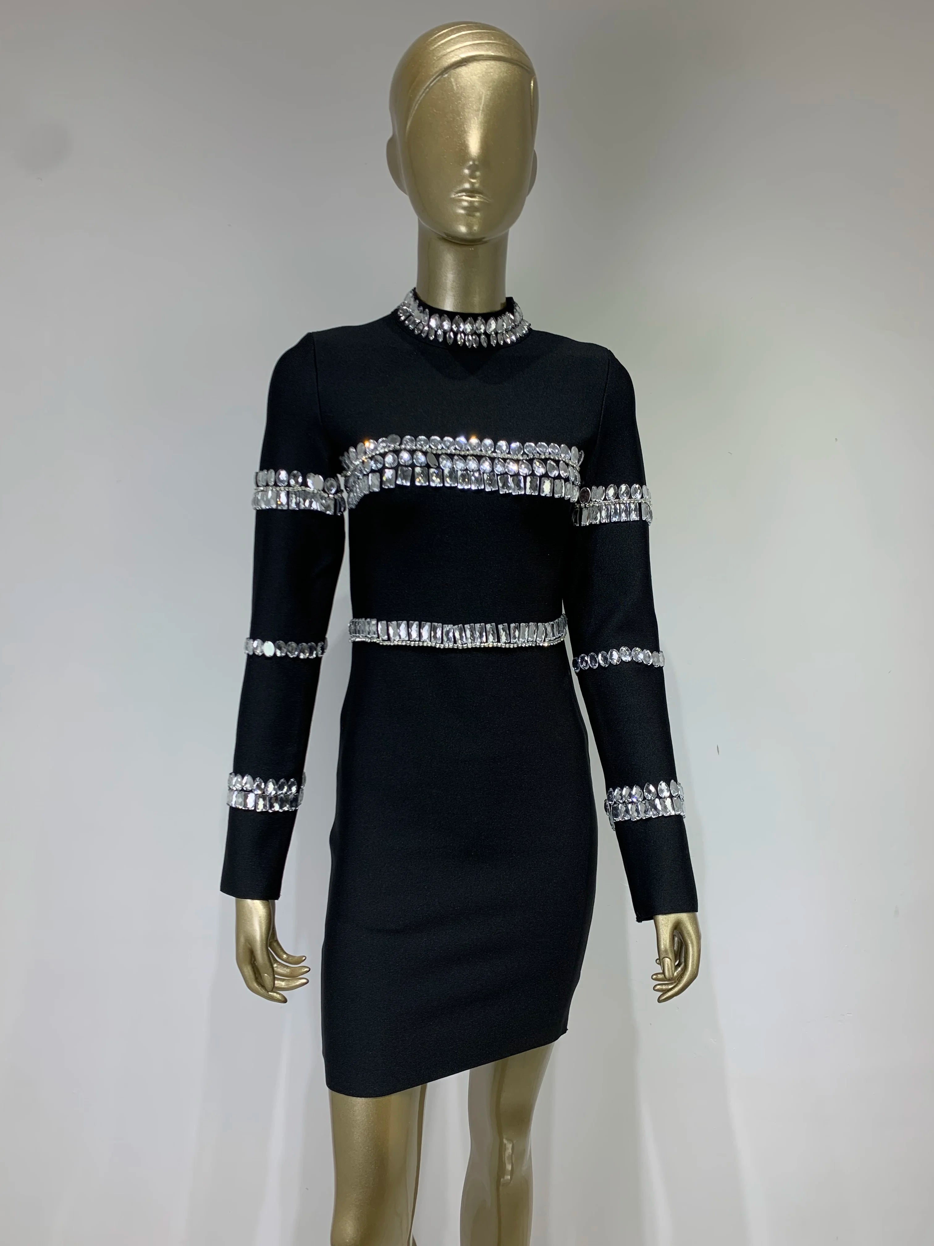 Elegant Long Sleeve Turtleneck Beaded Mini Dress for Parties - Image 3