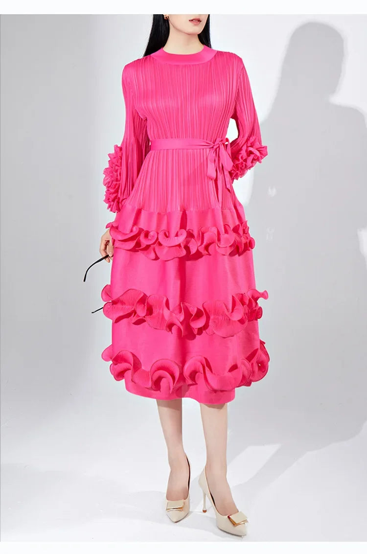 Elegant Floral Pleated Dress with Round Neck for Women - Image 19