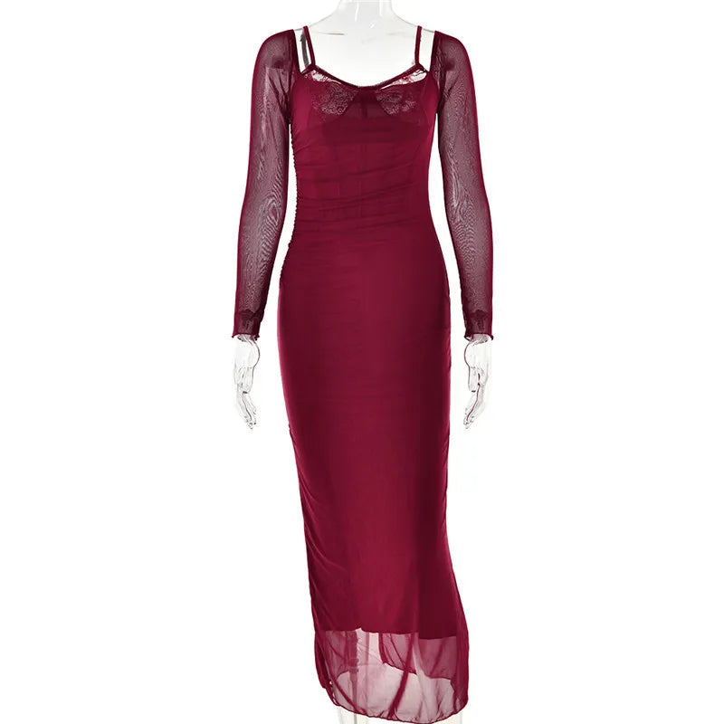 Elegant Sheer Long Sleeve Backless Maxi Dress for Women - Image 11