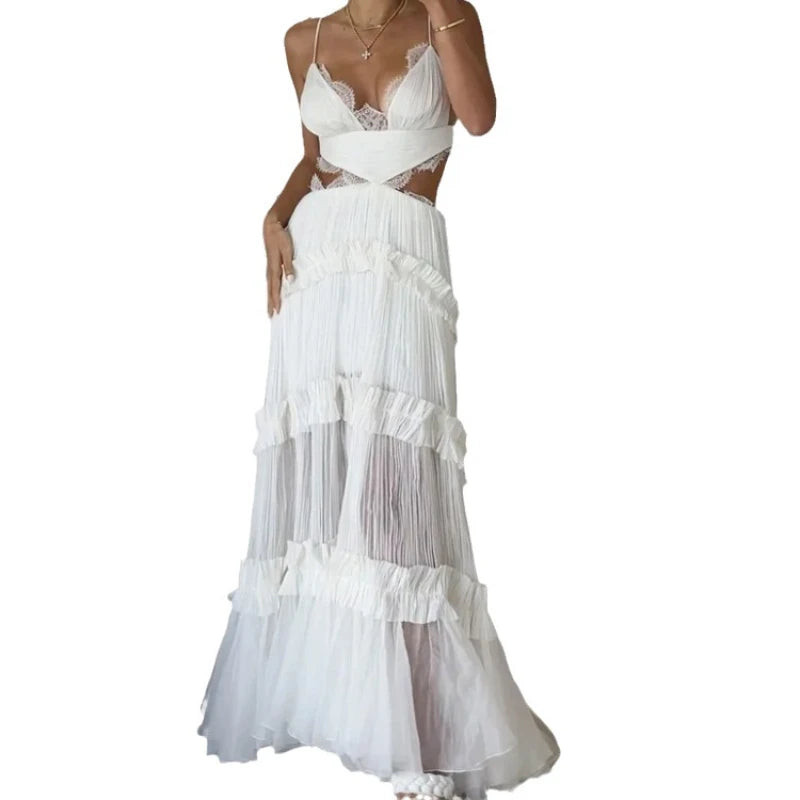 Elegant White Lace Maxi Dress with Bow Detail - Image 5