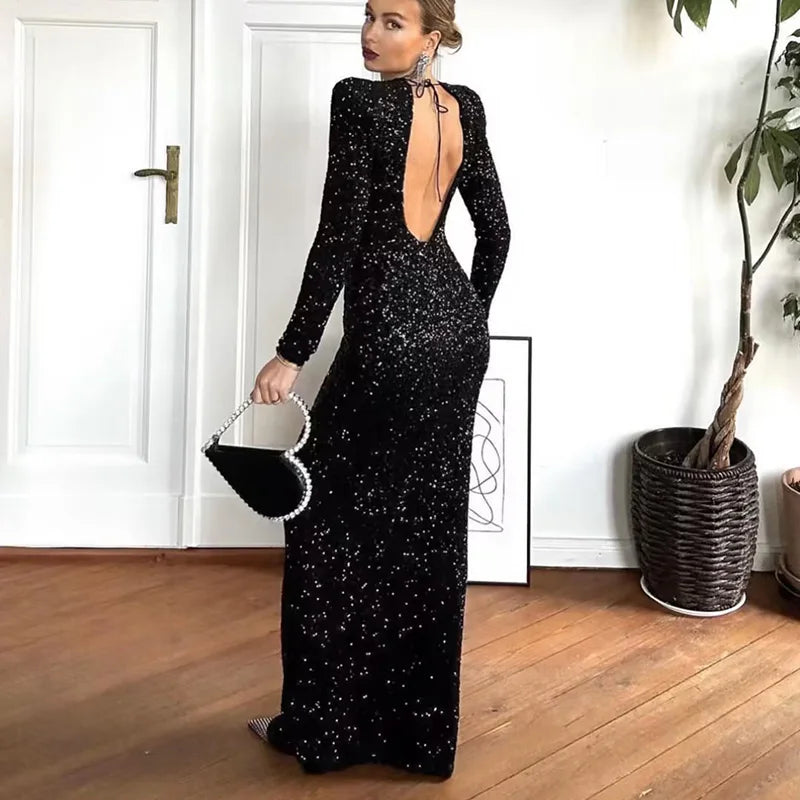 Elegant Backless Long Sleeve Sequined Vintage Dress for Women - Image 4