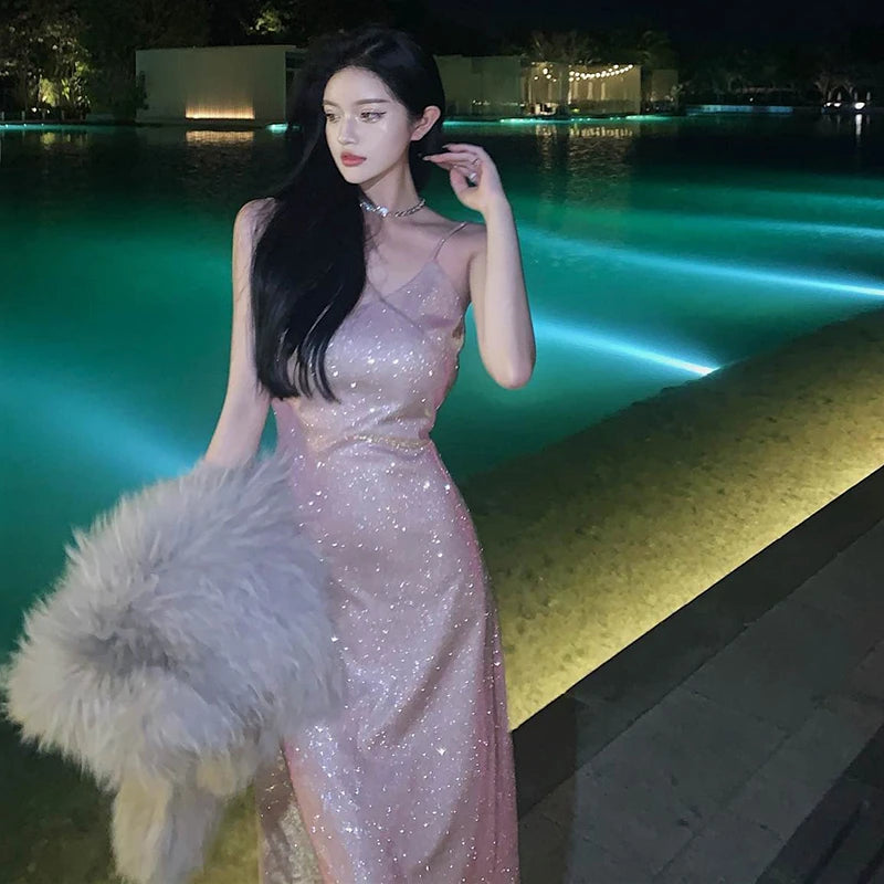 Elegant V-Neck Sparkly Spaghetti Strap Evening Dress - Image 12