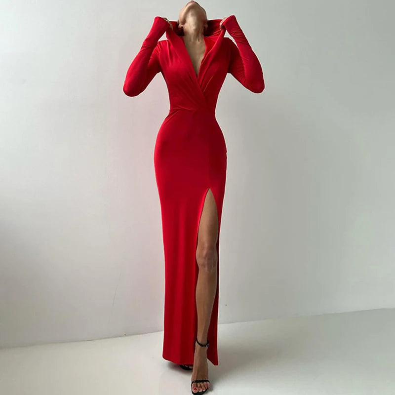 Women's Deep V Neck Hooded Long Sleeve Party Dress - Image 3