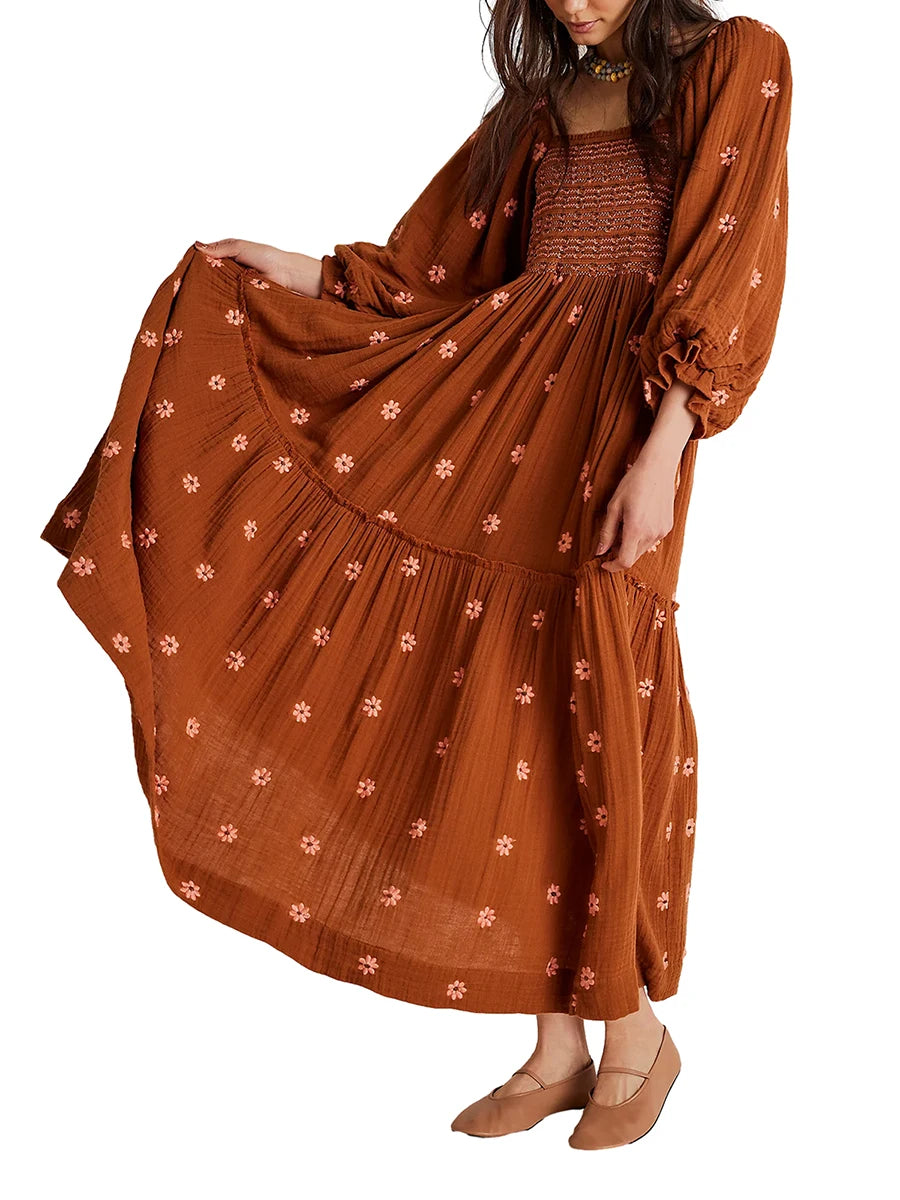Bohemian Flower Embroidered Tiered Long Dress for Summer - Image 23