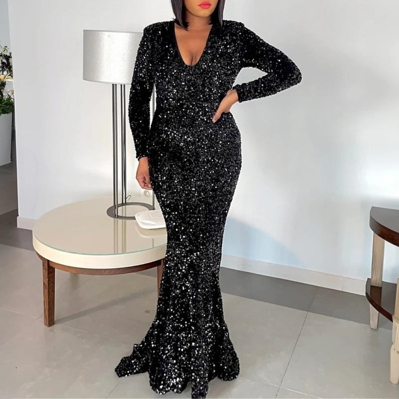 Elegant Velvet Sequins V-Neck Mermaid Evening Gown - Image 6
