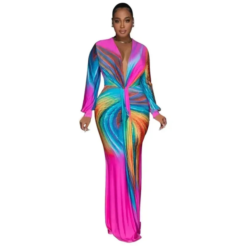 Chic V-Neck Long Sleeve Gradient Maxi Dress - Image 7