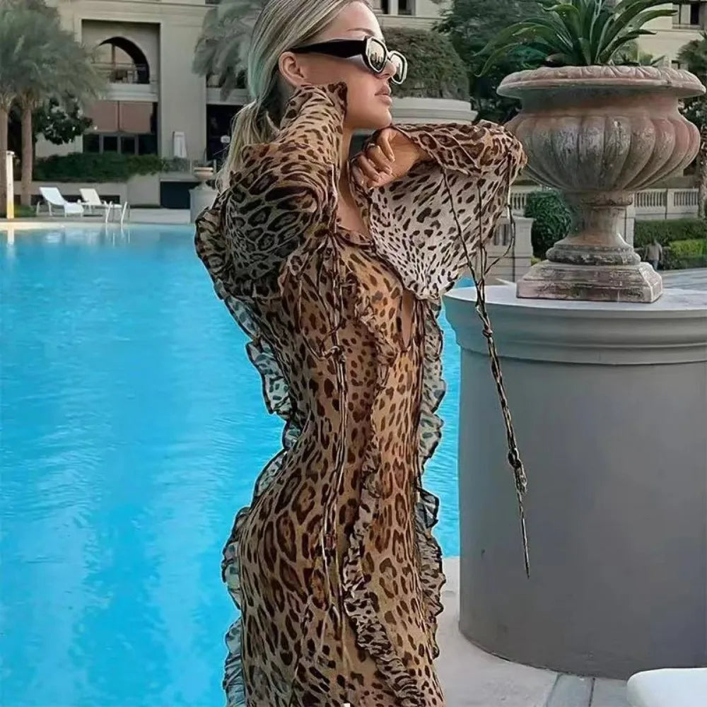 Leopard Print Ruffle Chiffon Beach Dress for Women - Image 4