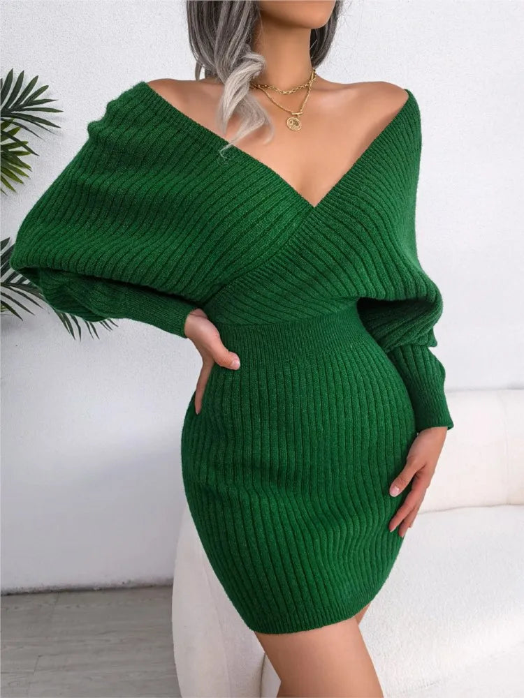 Chic Bat Sleeve V-Neck Cinched Waist Mini Dress