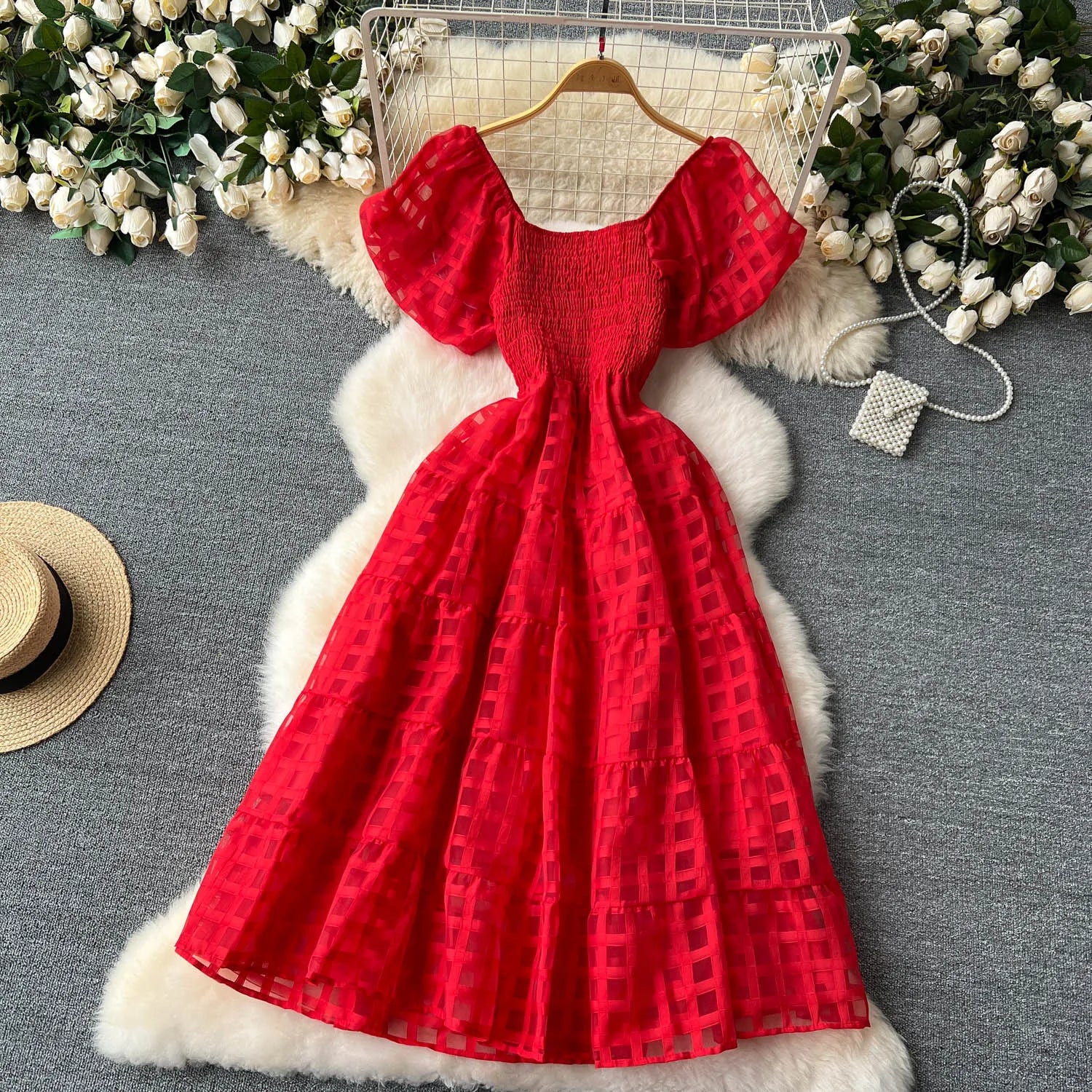 French Vintage Square Collar Puff Sleeve Summer Dress - Image 39