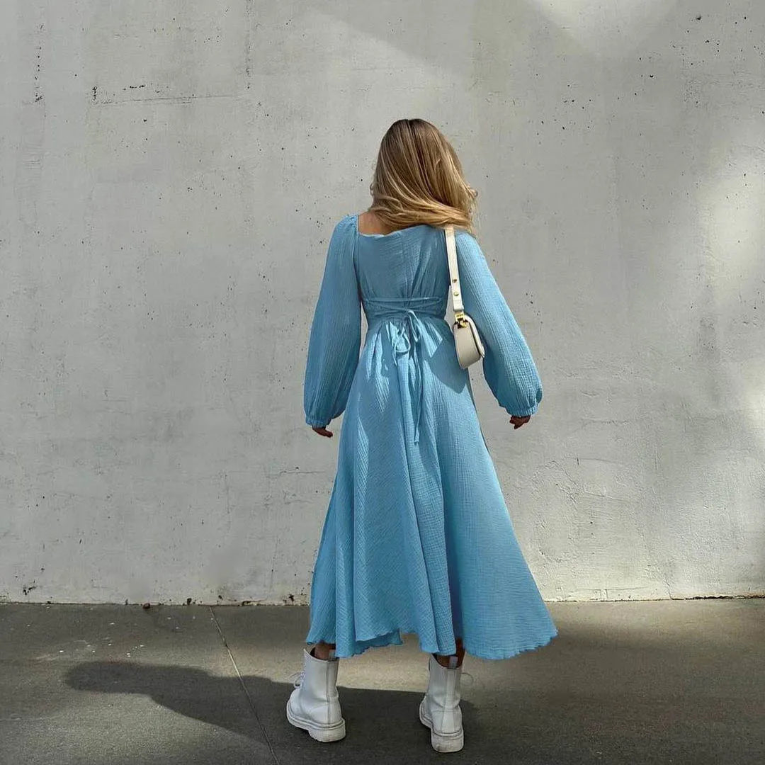 Lace-Up Midi Dress with Lantern Sleeves and Slit - Image 7