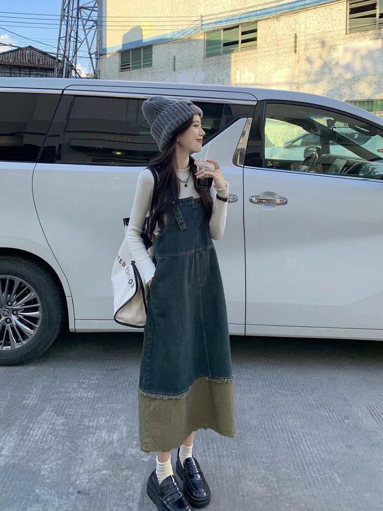 Retro Sleeveless Denim Dress with Irregular Color Patchwork - Image 17
