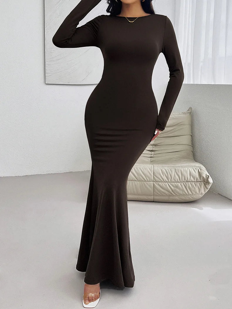 Solid Color Long Sleeve O-neck Women's Bodycon Dress - Image 19