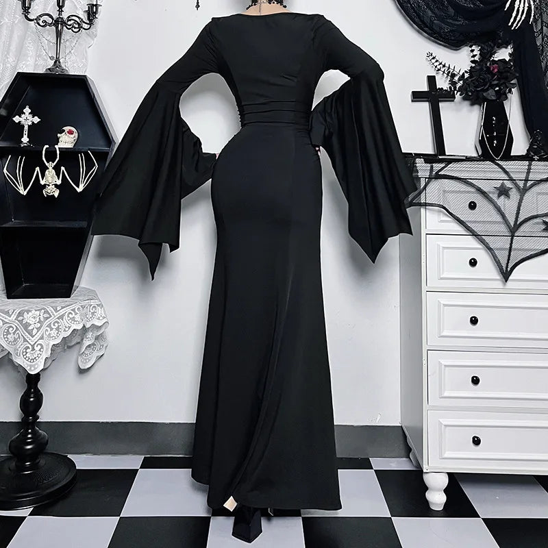 Gothic Vintage Spider Web Dress with Flare Sleeves - Image 4