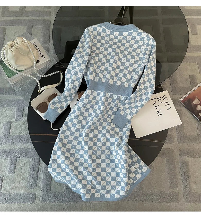 Elegant Blue Plaid Bodycon Dress with Metal Buttons - Image 25