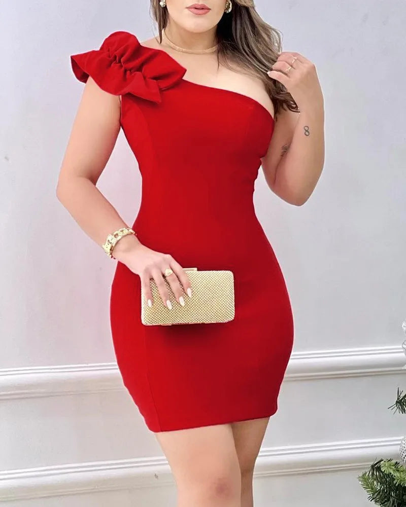 Elegant One-Shoulder Mini Dress with Ruffles and Appliques - Image 3