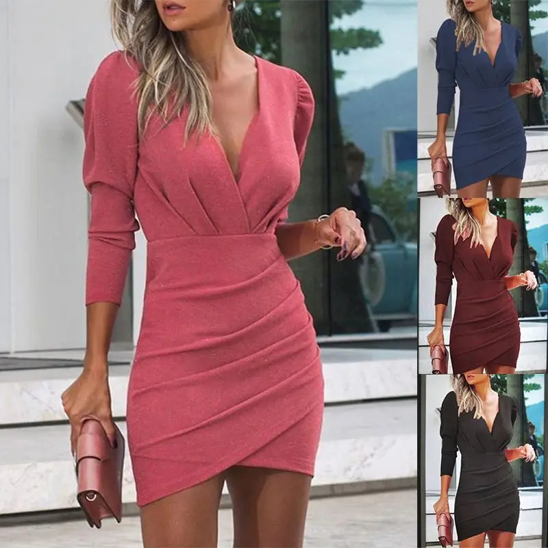 V-Neck Long Sleeve Slim Mini Dress for Parties - Image 8