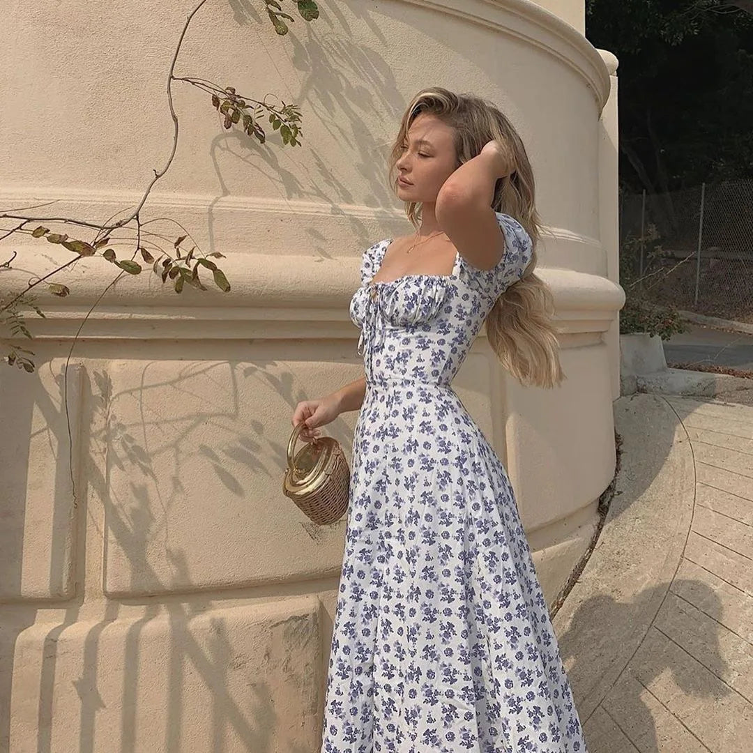 Elegant Y2K Blue Floral Puff Sleeve Dress for Summer Parties - Image 12