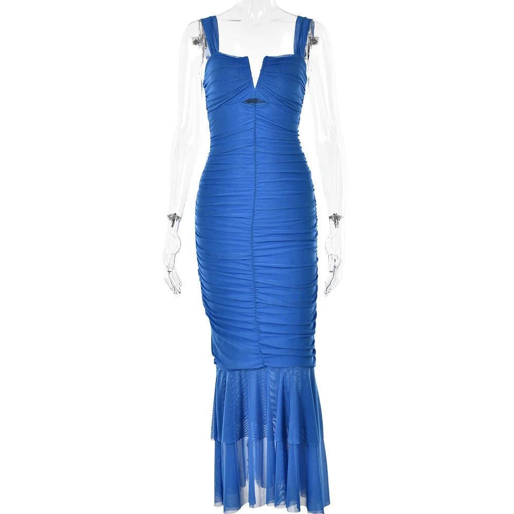 Elegant Spaghetti Strap Backless Ruched Maxi Dress for Women - Image 8