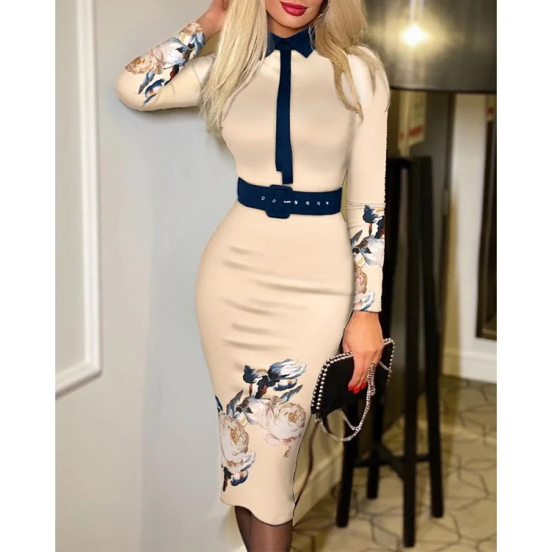 Chic Printed A-line Dress with Belt for Women - Image 14