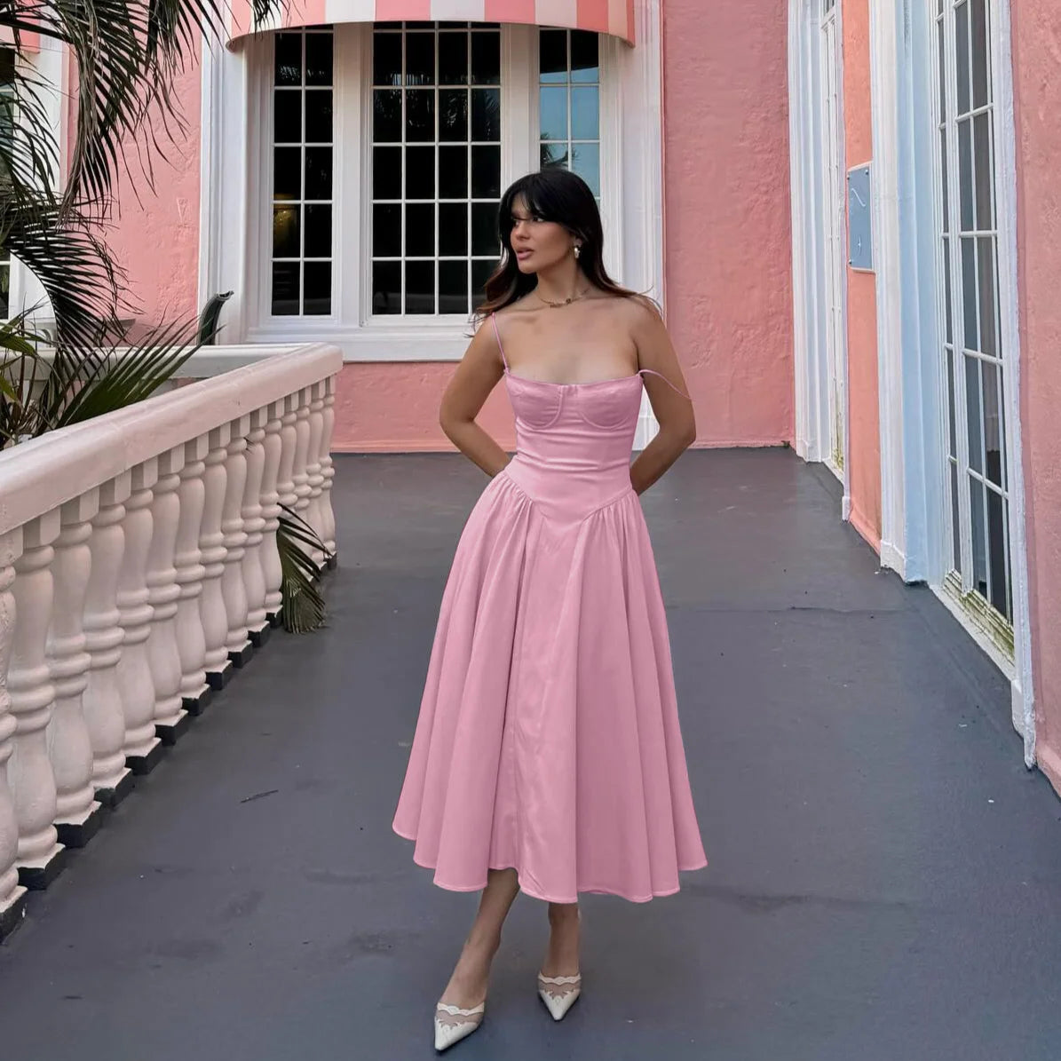 Elegant Pink Midi Dress with Spaghetti Straps for Women - Image 3