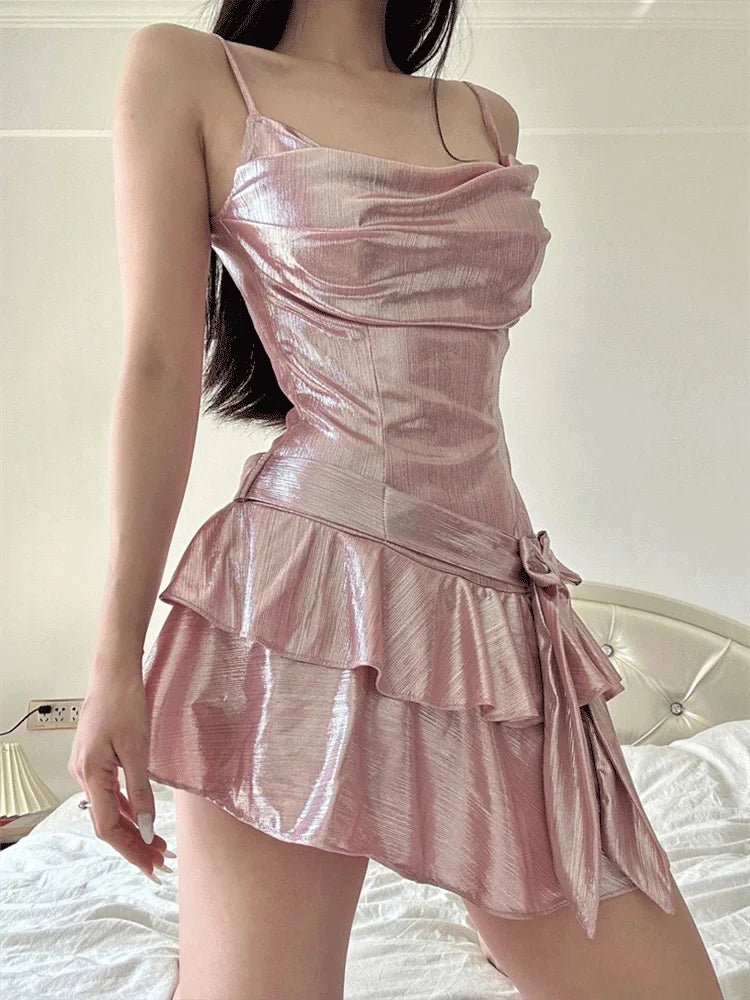 Elegant Pink Asymmetrical Ruffle Mini Summer Dress - Image 6
